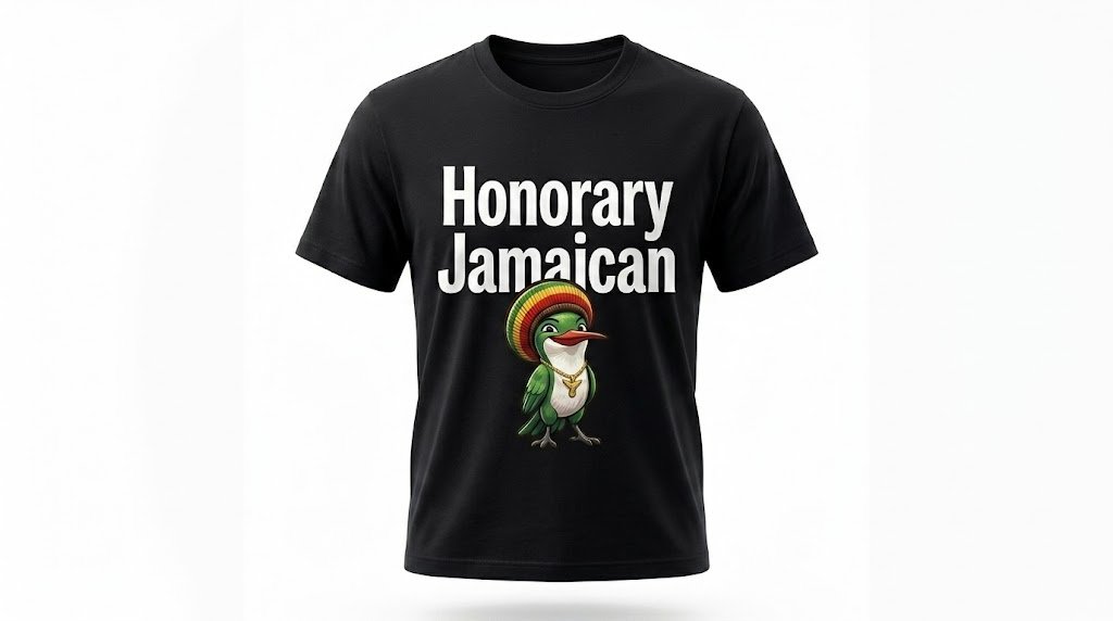 Honorary Jamaican T-Shirt | Puff-Stitch Embroidered Hummingbird - Image 2